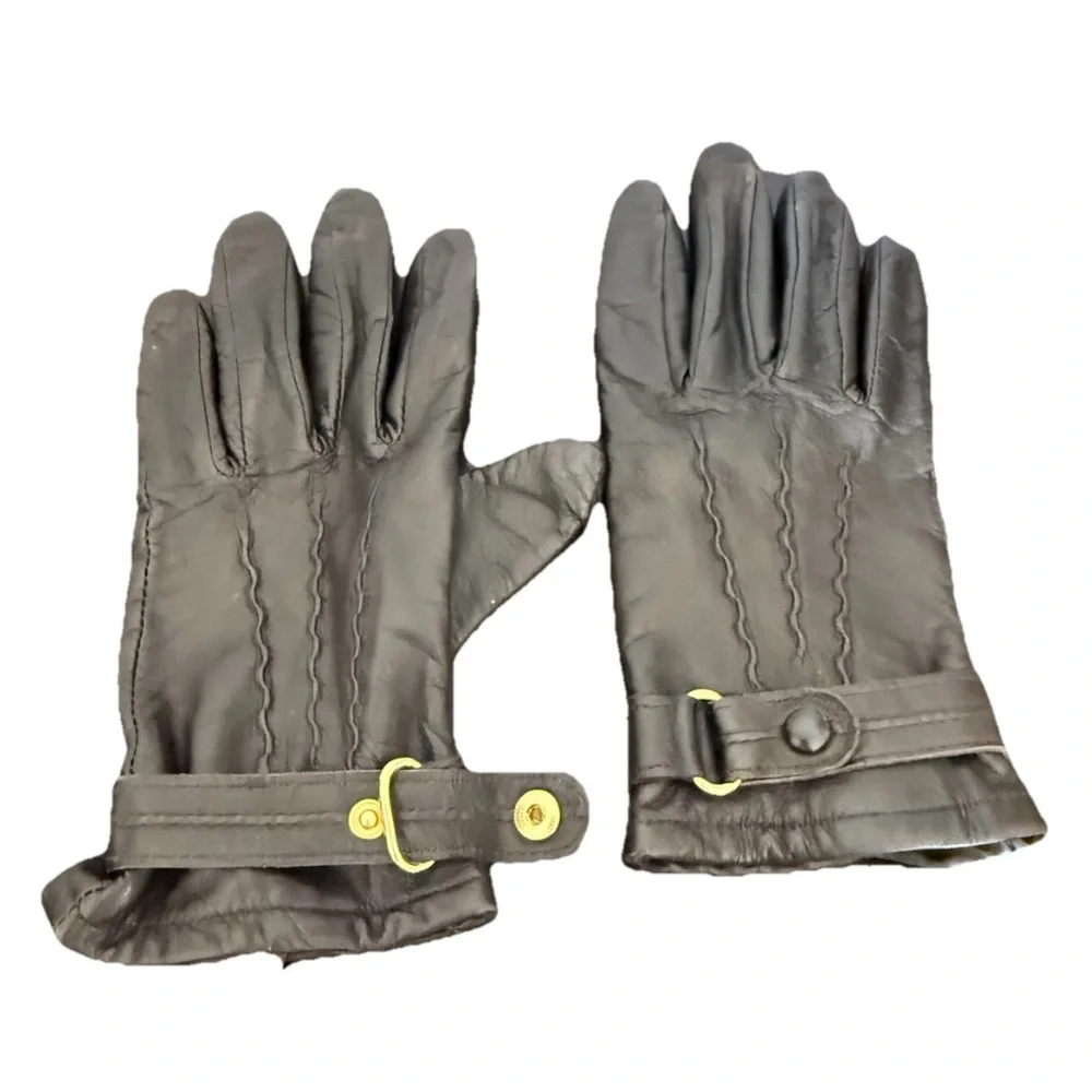 Preston & York Women’s‎ Leather Gloves Black Size Small Lined Buckle Gold Tone